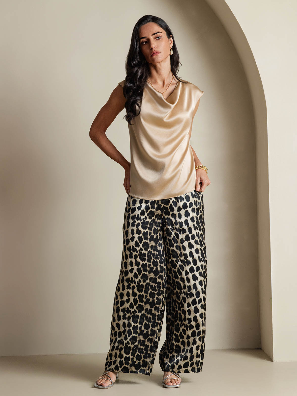 19Momme Women's Silk Cap Sleeve Cowl Neck Top