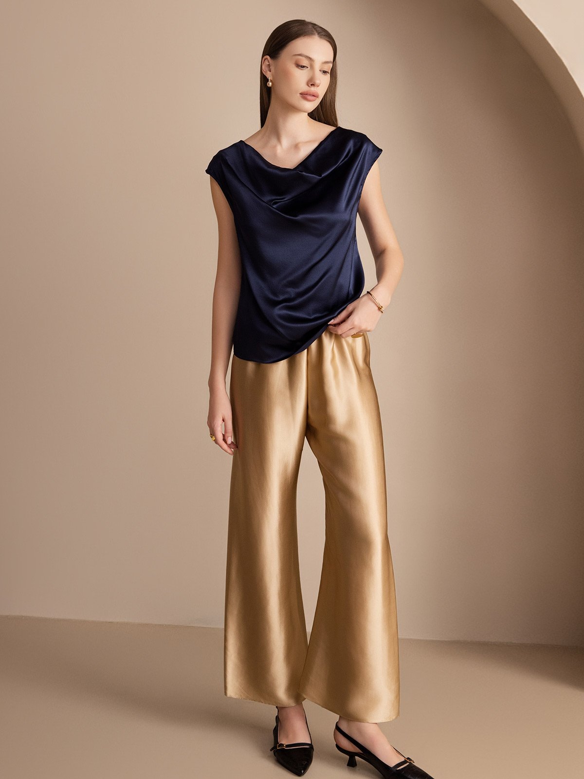19Momme Silk Cap Sleeve Cowl Neck Women's Top