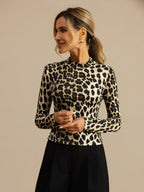 Pure Silk Wild Animal Print Women's Long Sleeve Mock Neck Top