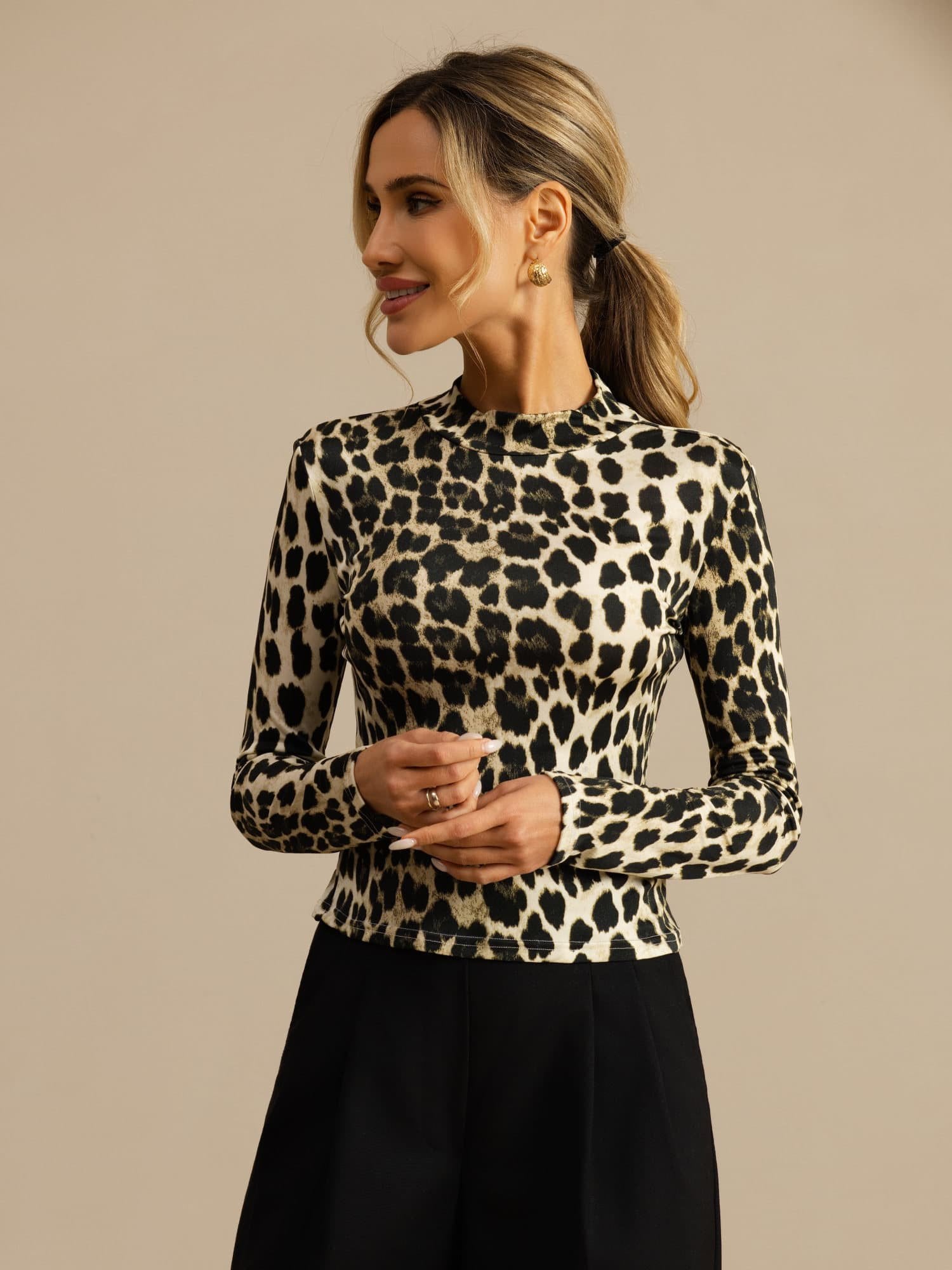 Pure Silk Wild Animal Print Women's Long Sleeve Mock Neck Top