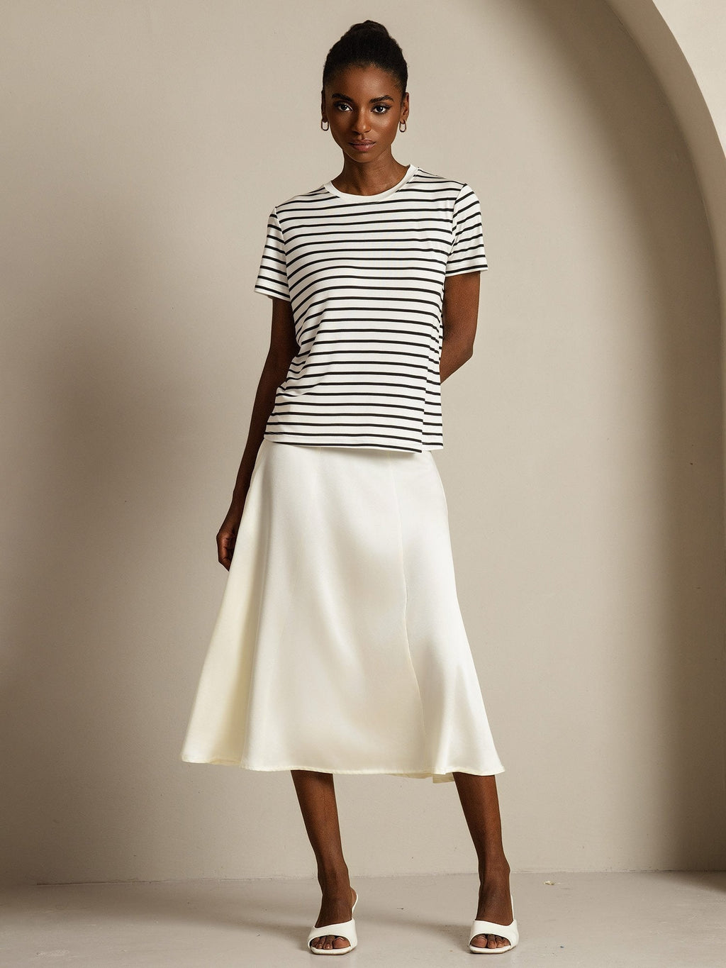 Pure Silk Crew Neck Short Sleeve Women's Sport Stripe Print T-Shirt