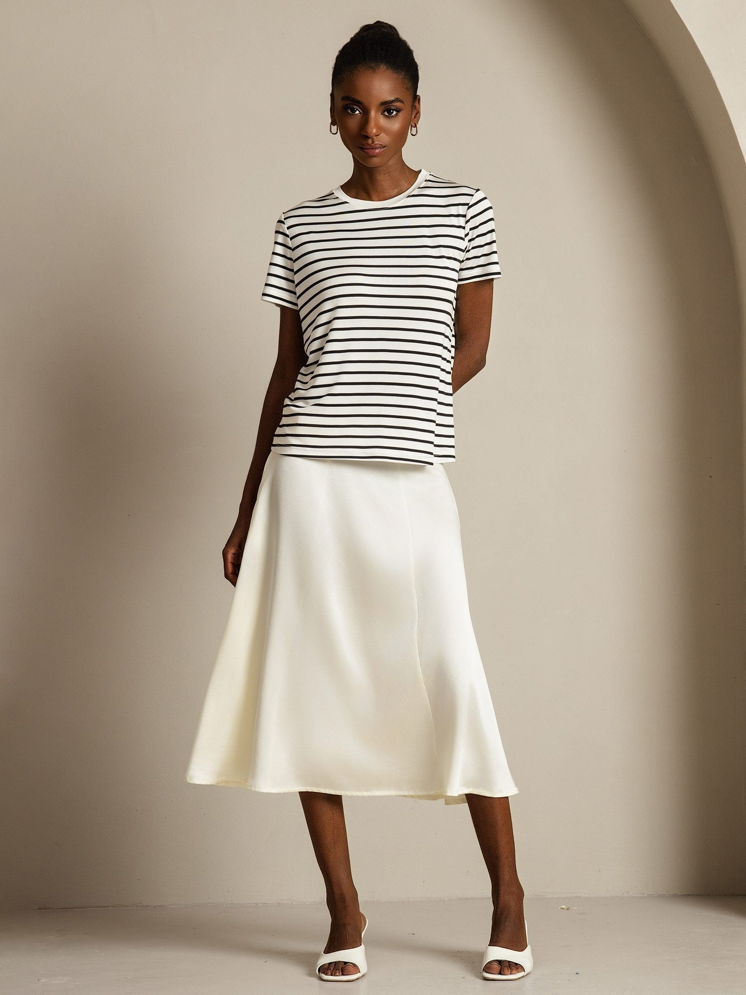 Pure Silk Crew Neck Short Sleeve Women's Sport Stripe Print T-Shirt