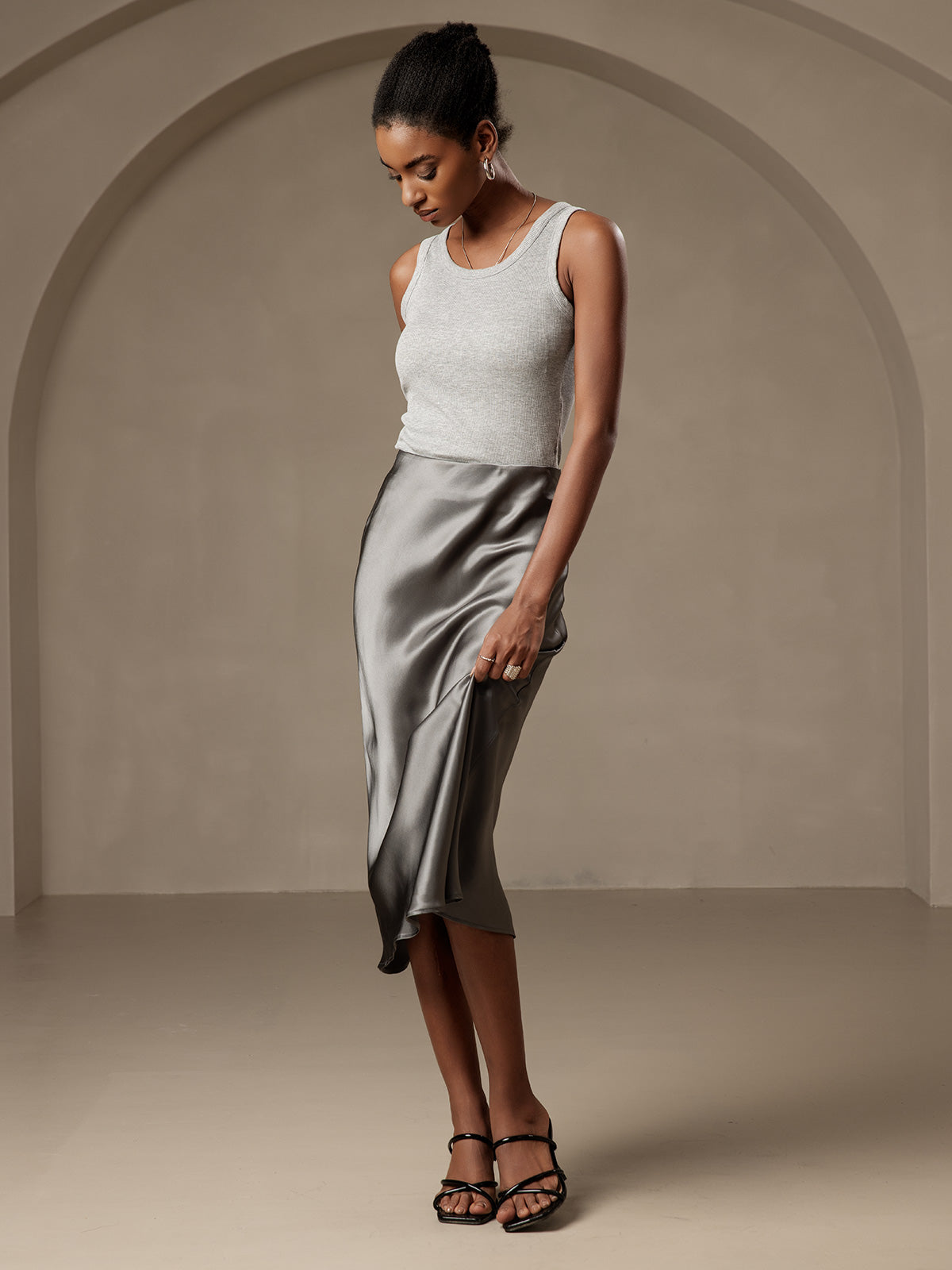 100% Mulberry Silk Stretch Long Straight Skirt