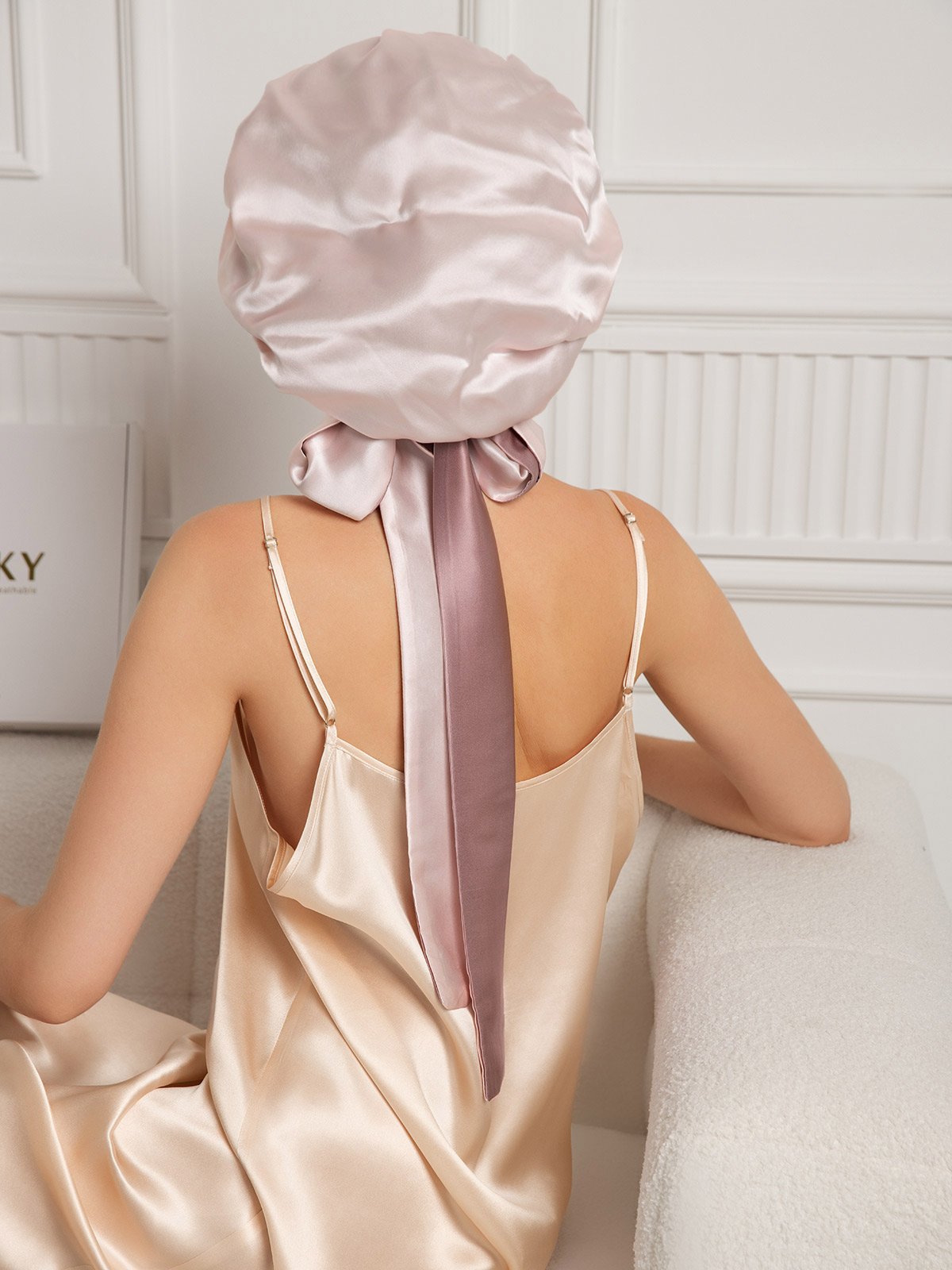 100% Mulberry Silk  Casual Bonnet with Long Ribbons (Two-tone and Double-sided)