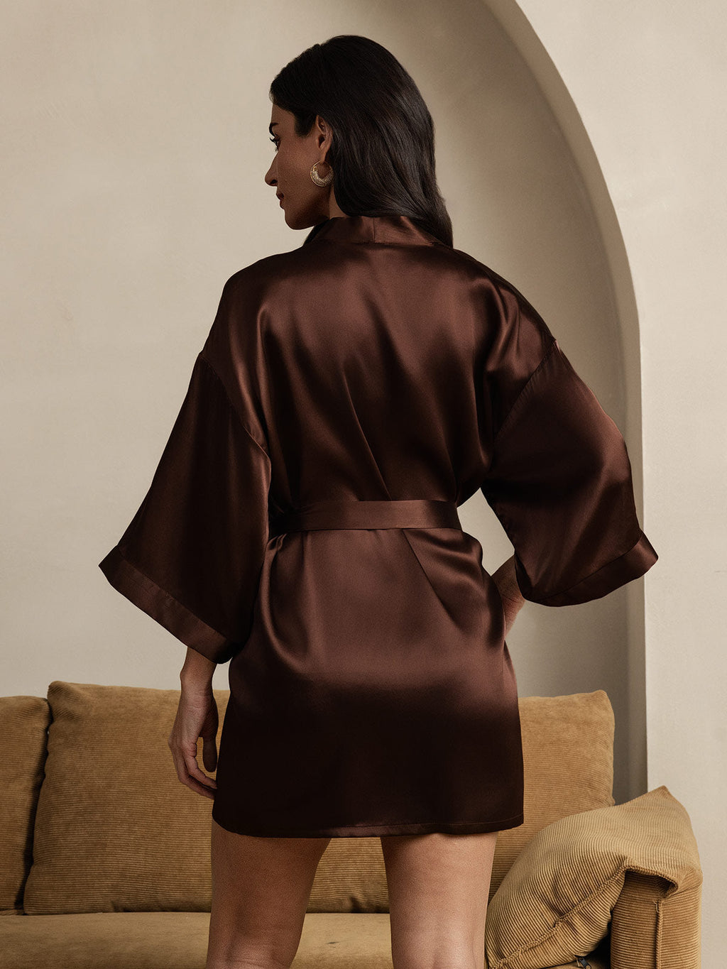 100% Mulberry Silk Short Women's Kimono Robe with Wrap Design
