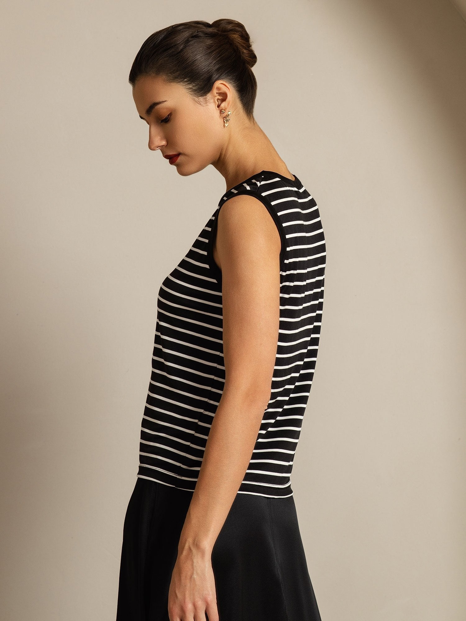 Women's Pure Silk Round Neck Sport Stripe Print Tank Top