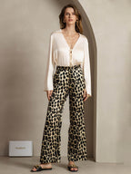 19Momme Silk Leopard Print Straight Leg Women's Pants With Side Pockets Design