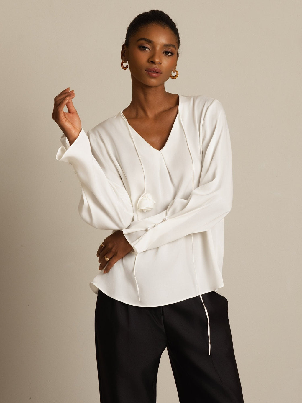 19Momme Silk Women's V Neck Long Sleeve Blouse With 3D Rose Detail