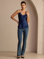 100% Mulberry Silk Women's Spaghetti Strap V Neck Lace Trim Camisole Top