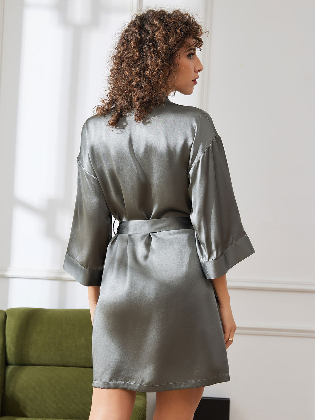 100% Mulberry Silk Short Women's Kimono Robe with Wrap Design