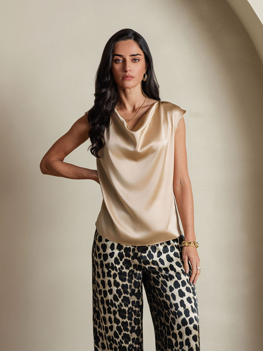 19Momme Silk Cap Sleeve Cowl Neck Women's Top