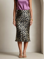 19Momme Pure Silk Leopard Print Stretch Straight Long Skirt