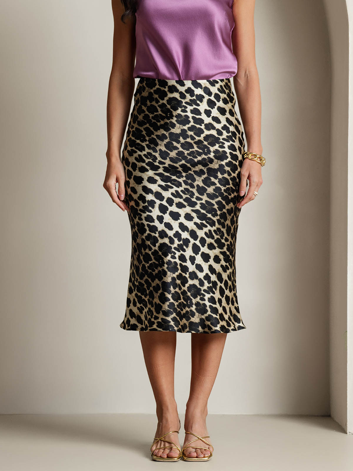 19Momme Pure Silk Leopard Print Stretch Straight Long Skirt