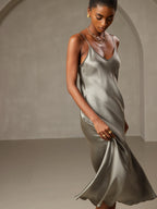 Women's 100% Mulberry Silk Spaghetti Strap V-neck Midi Nightgown