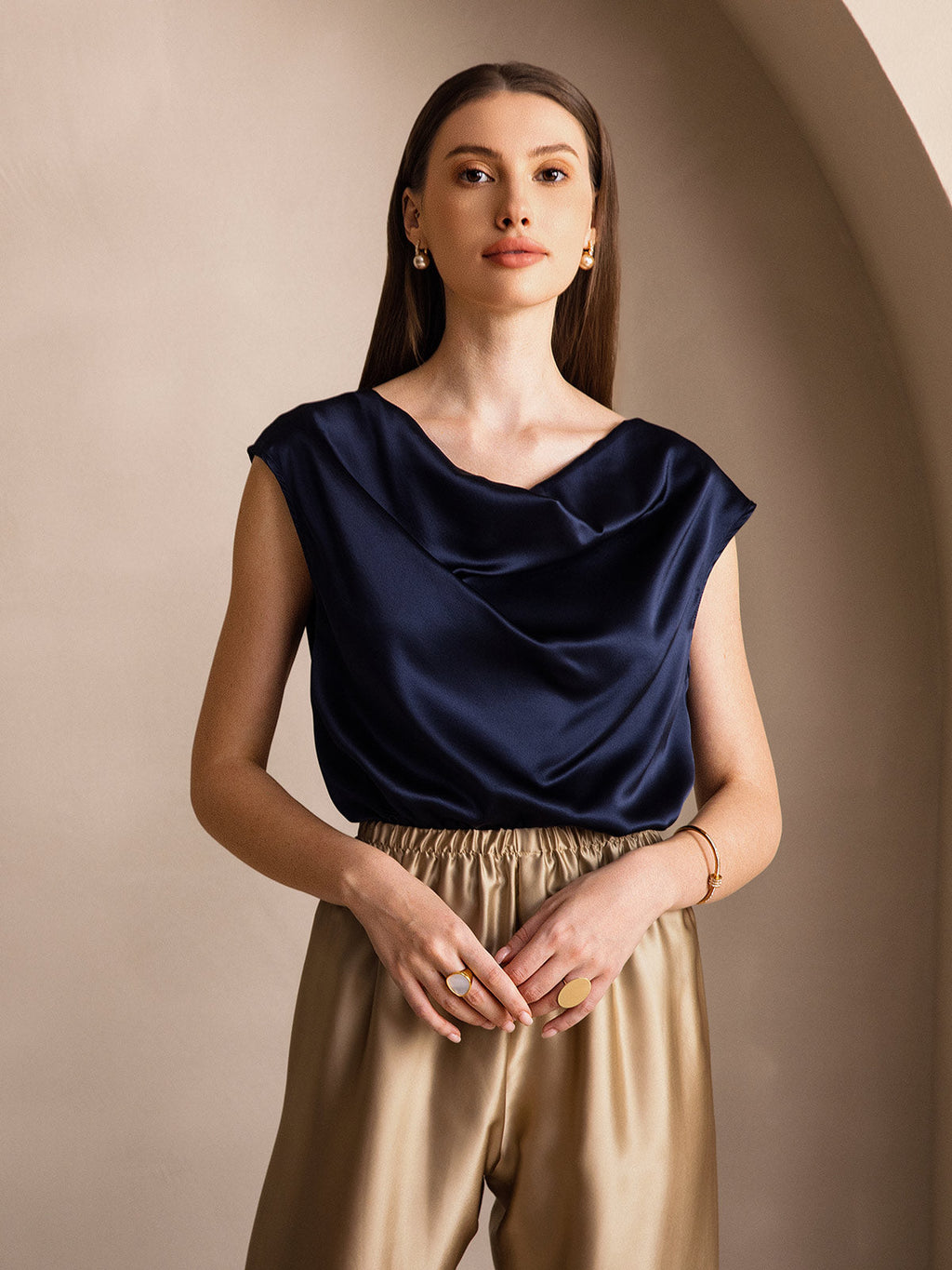 19Momme Women's Silk Cap Sleeve Cowl Neck Top