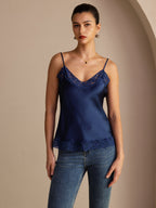 100% Mulberry Silk Women's Spaghetti Strap V Neck Lace Trim Camisole Top