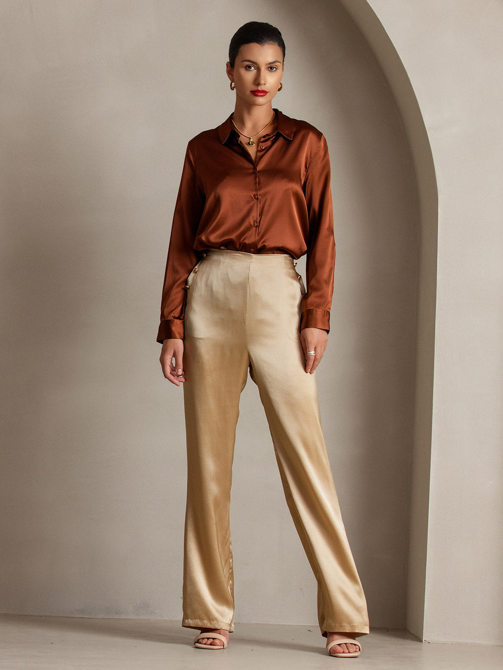 19Momme Silk High Waist Straight Fit Women's Pants with Back Elastic Waist Design