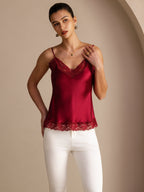 100% Mulberry Silk Women's Spaghetti Strap V Neck Lace Trim Camisole Top