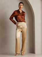 19Momme Silk High Waist Straight Fit Women's Pants with Back Elastic Waist Design