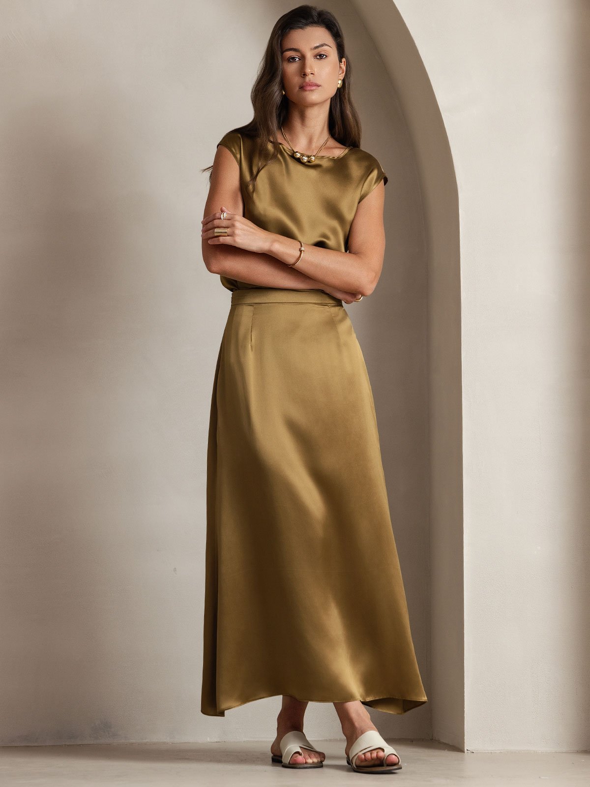 19Momme Silk Cap Sleeve Round Neck Women's Top