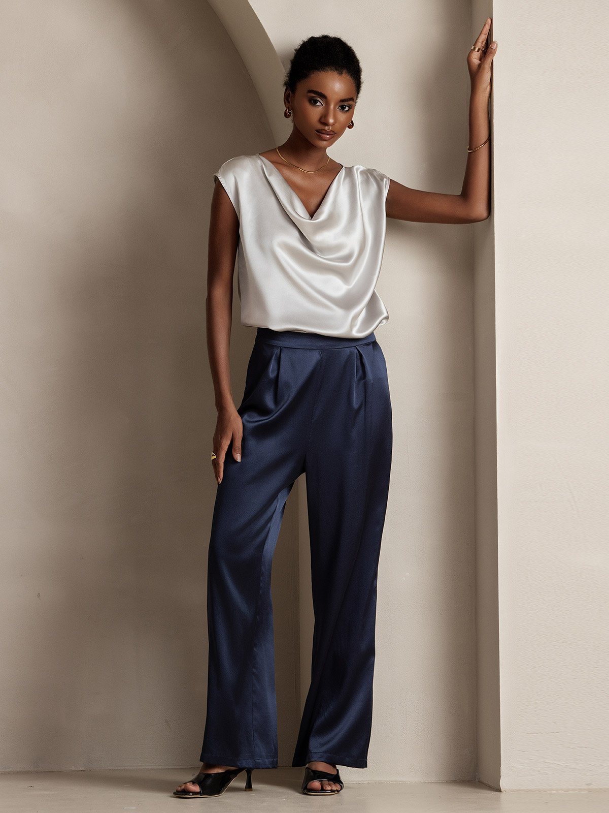19Momme Silk Cap Sleeve Cowl Neck Women's Top