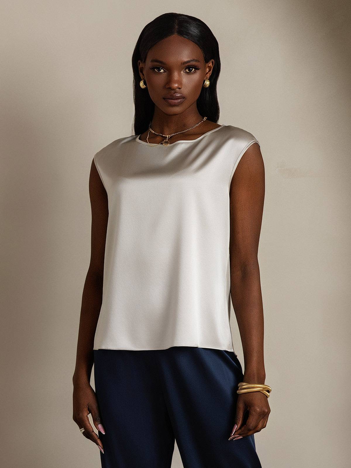 19Momme Women's Silk Cap Sleeve Round Neck Top