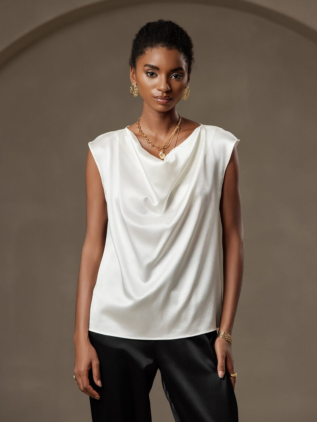 19Momme Silk Cap Sleeve Cowl Neck Women's Top