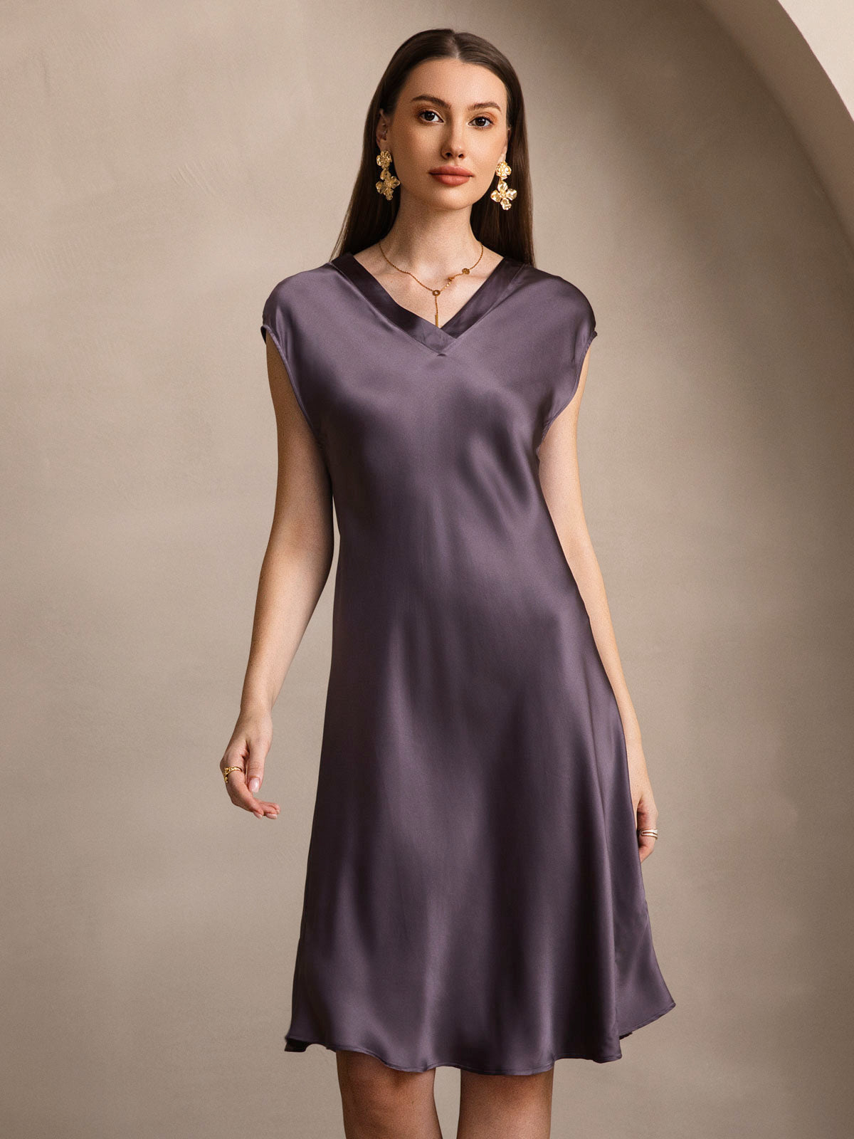 100% Mulberry Silk Cap Sleeve V-neck Midi Nightgown