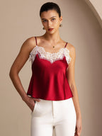 19Momme Silk Women's Adjustable Spaghetti Strap V Neck Lace Trim Camisole Top