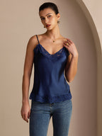 100% Mulberry Silk Women's Spaghetti Strap V Neck Lace Trim Camisole Top