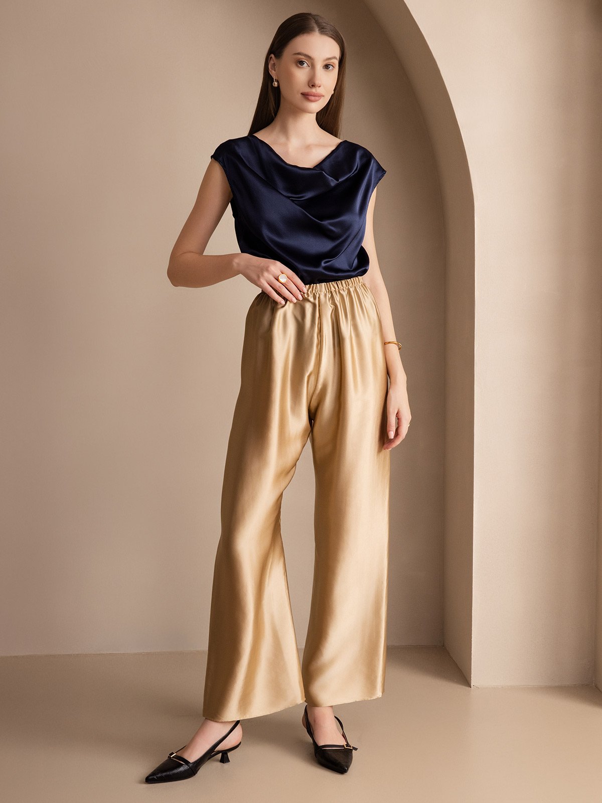 19Momme Silk Cap Sleeve Cowl Neck Women's Top