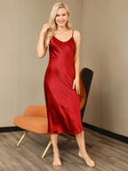 100% Mulberry Silk Spaghetti Strap V-neck Midi Nightgown