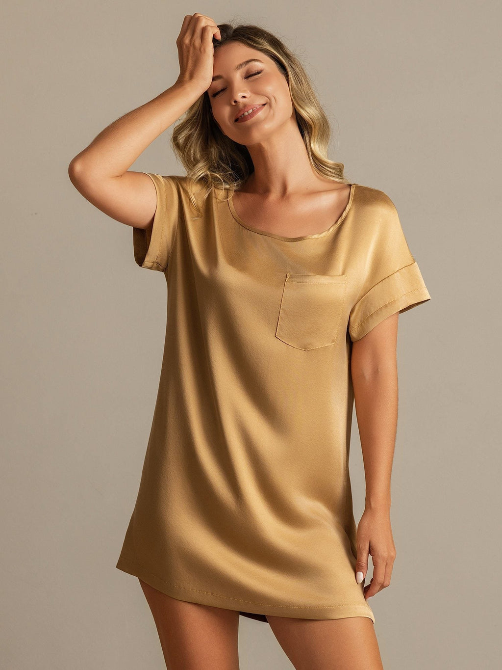 19Momme Washable Silk Short Sleeve Round Neck Short Nightgown
