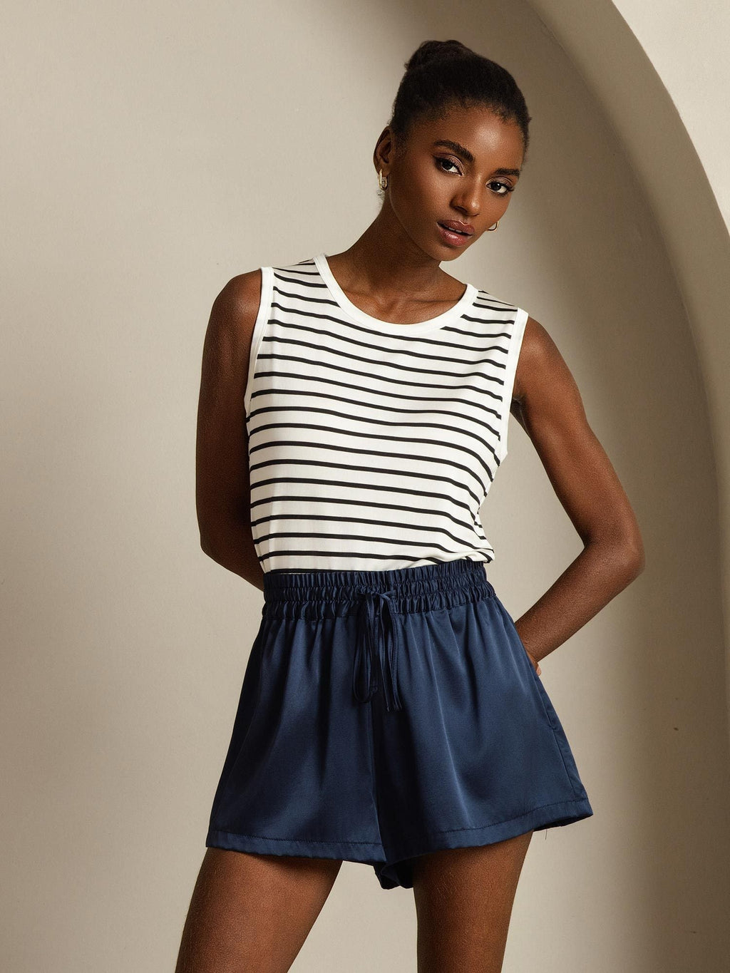Women's Pure Silk Round Neck Sport Stripe Print Tank Top
