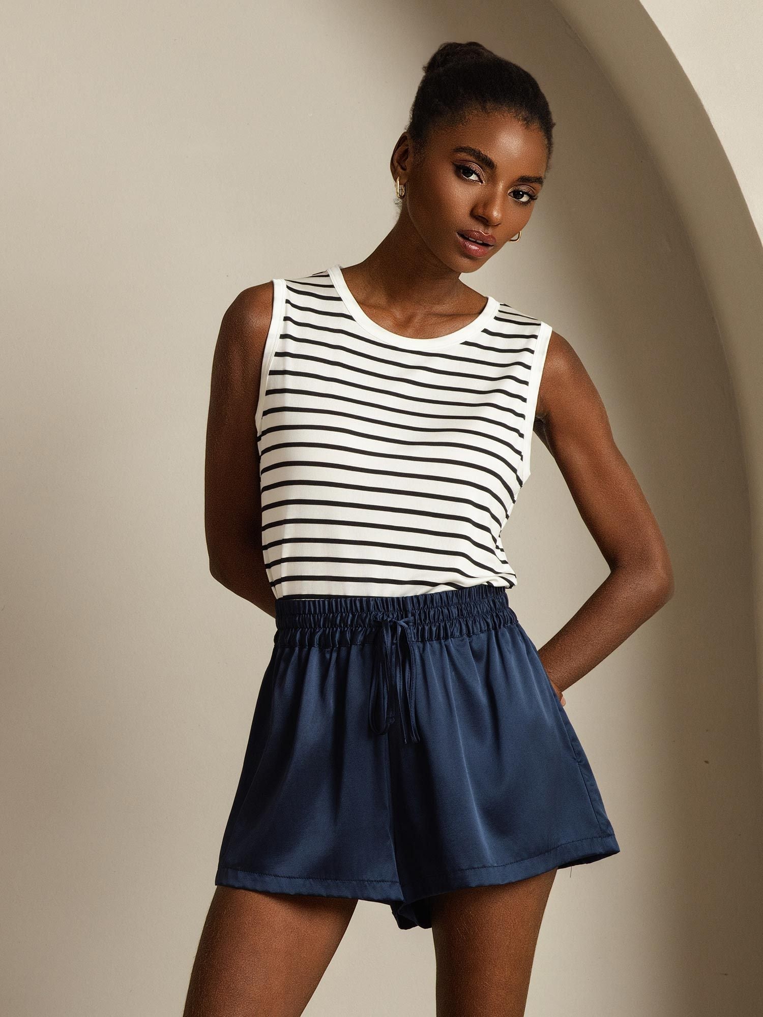 Women's Pure Silk Round Neck Sport Stripe Print Tank Top