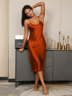100% Mulberry Silk Spaghetti Strap V-neck Midi Nightgown