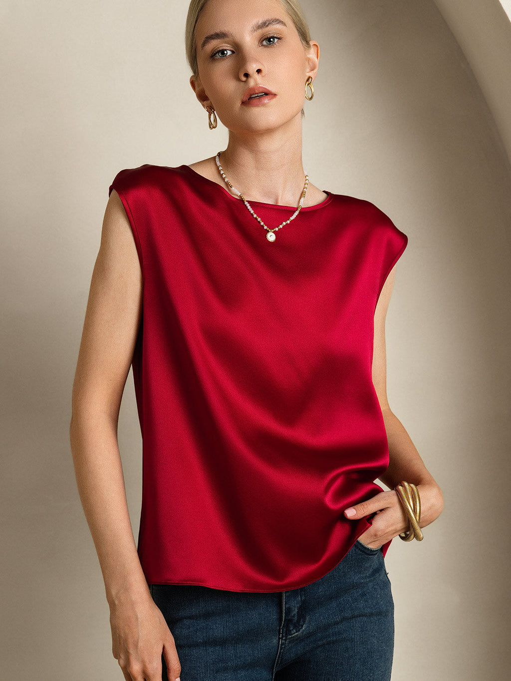 19Momme Silk Cap Sleeve Round Neck Women's Top