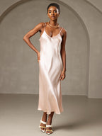 100% Mulberry Silk Spaghetti Strap Midi Long Dress