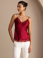 100% Mulberry Silk Women's Spaghetti Strap V Neck Lace Trim Camisole Top
