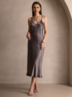 100% Mulberry Silk Spaghetti Strap Midi Long Dress