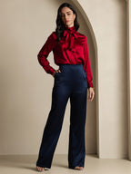 19Momme Silk High Waist Straight Fit Women's Pants with Back Elastic Waist Design