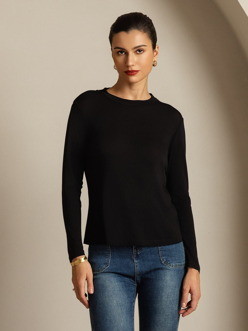 Women's Pure Silk Long Sleeve Round Neck Top