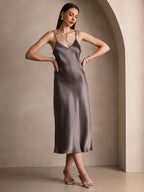 100% Mulberry Silk Spaghetti Strap Midi Long Dress