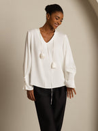 19Momme Silk Women's V Neck Long Sleeve Blouse With 3D Rose Detail
