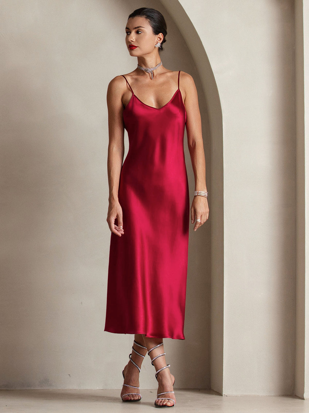 100% Mulberry Silk Spaghetti Strap V Neck Midi Dress