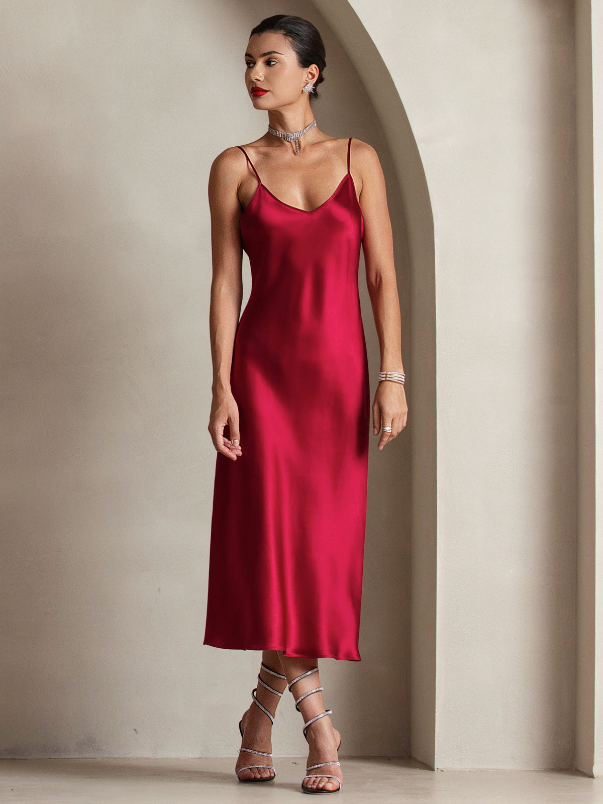 100% Mulberry Silk Spaghetti Strap Midi Long Dress