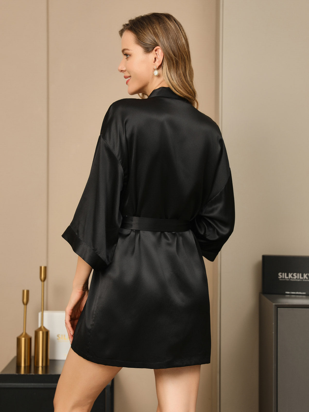 100% Mulberry Silk 3/4 Sleeve Short Women's Kimono Robe with Wrap Design