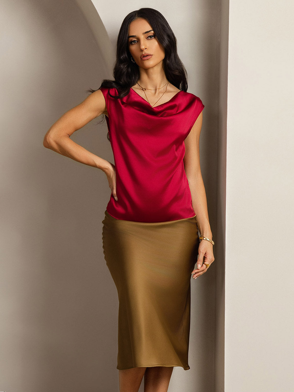 19Momme Silk Cap Sleeve Cowl Neck Women's Top