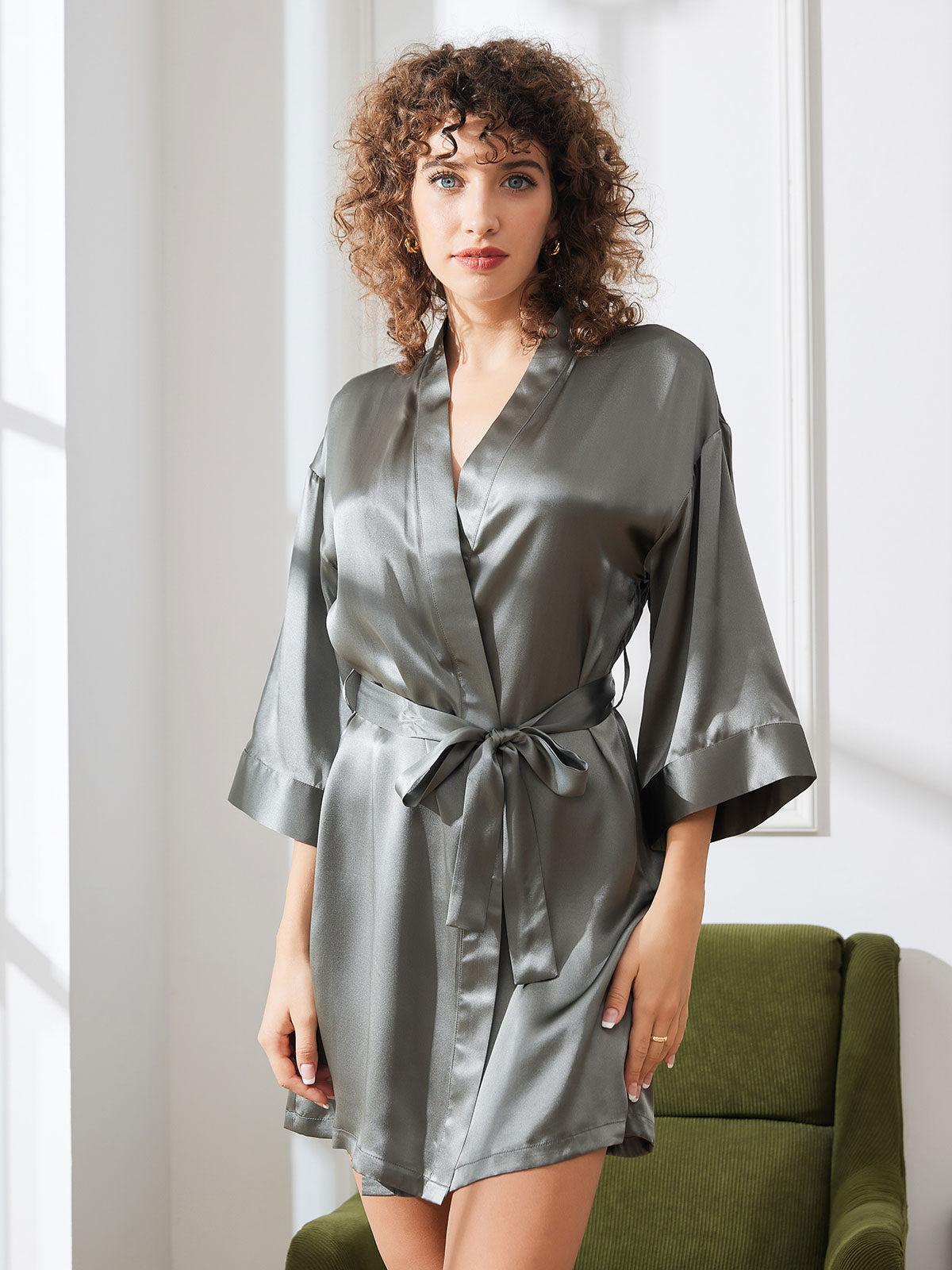 100% Mulberry Silk Short Women's Kimono Robe with Wrap Design