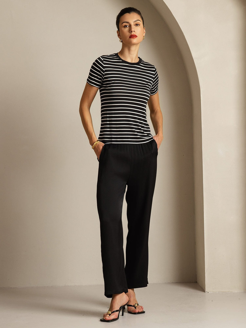 Pure Silk Crew Neck Short Sleeve Women's Sport Stripe Print T-Shirt